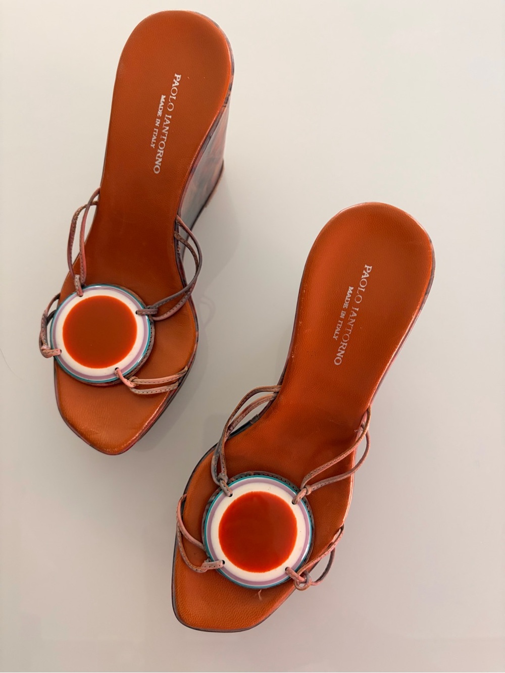 Orange Leather Wedge Slides with Decorative Medallion